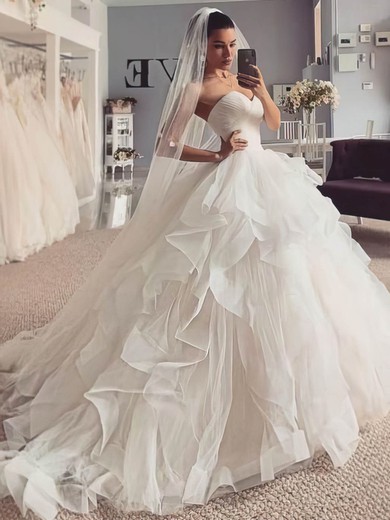 A-line Sweetheart Tulle Sweep Train Cascading Ruffles Wedding Dresses #Milly00024137