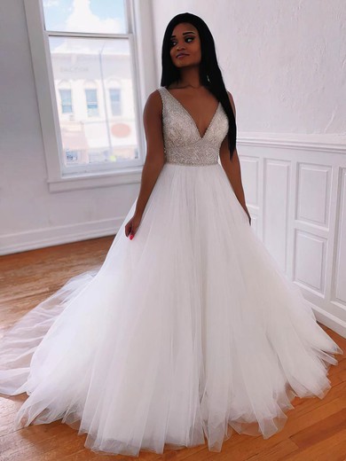 A-line V-neck Tulle Sweep Train Beading Wedding Dresses #Milly00024139
