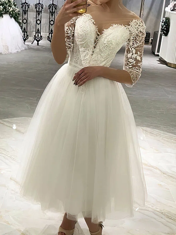 Ball Gown/Princess Illusion Tulle Tea-length Wedding Dresses With Appliques Lace #Milly00024140