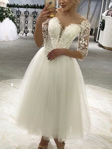 A-line Scoop Neck Tulle Tea-length Appliques Lace Wedding Dresses #Milly00024140