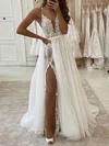 A-line V-neck Tulle Sweep Train Appliques Lace Wedding Dresses #Milly00024144