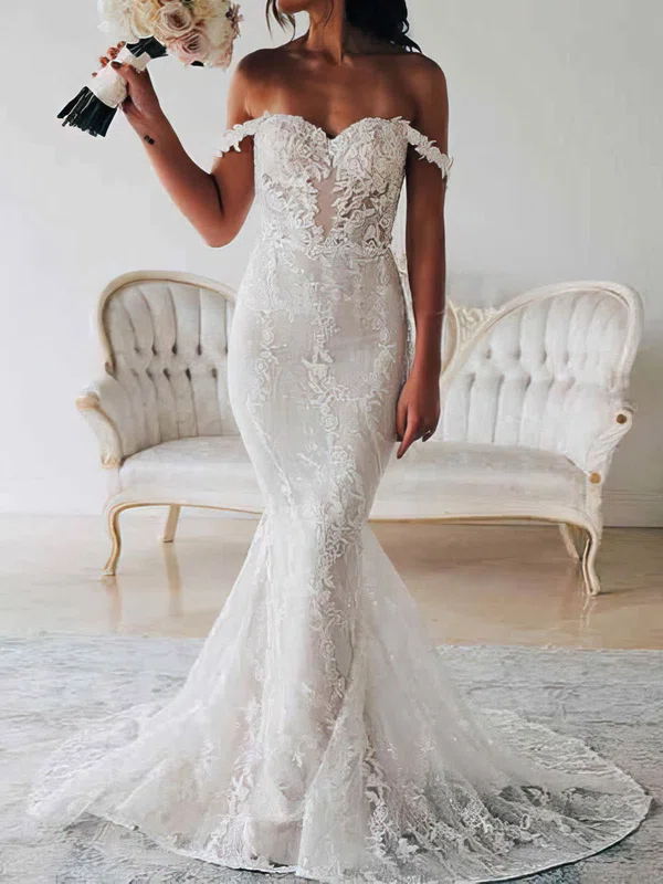 Trumpet/Mermaid Off-the-shoulder Tulle Sweep Train Wedding Dresses With Appliques Lace #Milly00024145