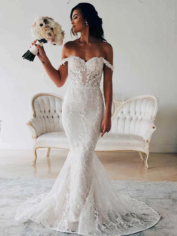 Trumpet/Mermaid Off-the-shoulder Tulle Sweep Train Appliques Lace Wedding Dresses #Milly00024145