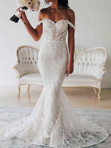 Trumpet/Mermaid Off-the-shoulder Tulle Sweep Train Wedding Dresses With Appliques Lace #Milly00024145