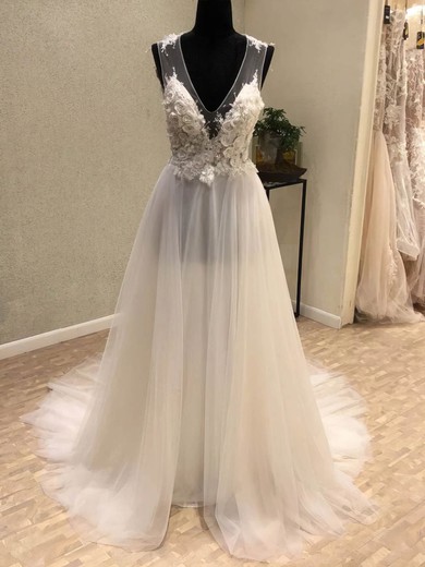 A-line V-neck Tulle Sweep Train Flower(s) Wedding Dresses #Milly00024147