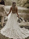 A-line V-neck Lace Court Train Wedding Dresses #Milly00024149