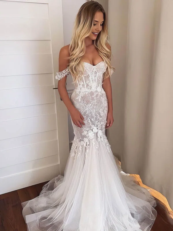 Trumpet/Mermaid Off-the-shoulder Tulle Sweep Train Wedding Dresses With Appliques Lace #Milly00024151