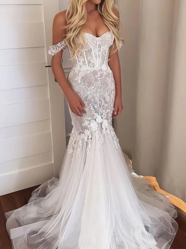 Trumpet/Mermaid Off-the-shoulder Tulle Sweep Train Wedding Dresses With Appliques Lace #Milly00024151