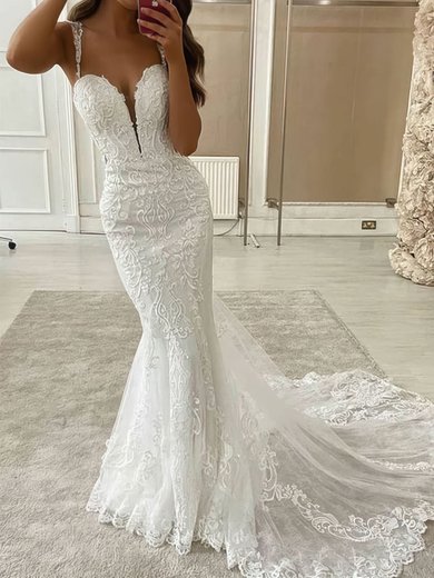 Trumpet/Mermaid V-neck Tulle Sweep Train Appliques Lace Wedding Dresses #Milly00024154