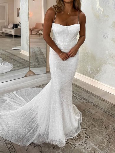 Trumpet/Mermaid Square Neckline Glitter Sweep Train Wedding Dresses #Milly00024155