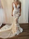 Trumpet/Mermaid V-neck Tulle Sweep Train Wedding Dresses With Appliques Lace #Milly00024156