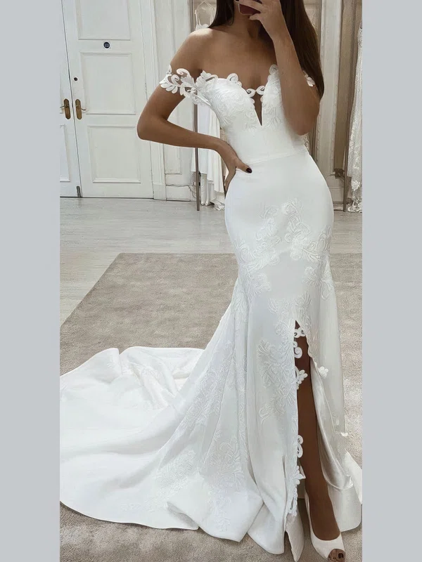 Trumpet/Mermaid Off-the-shoulder Satin Sweep Train Appliques Lace Wedding Dresses #Milly00024160