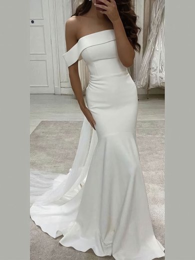 Trumpet/Mermaid Off-the-shoulder Silk-like Satin Sweep Train Wedding Dresses #Milly00024161