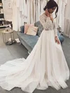 Ball Gown V-neck Glitter Sweep Train Wedding Dresses With Appliques Lace #Milly00024166