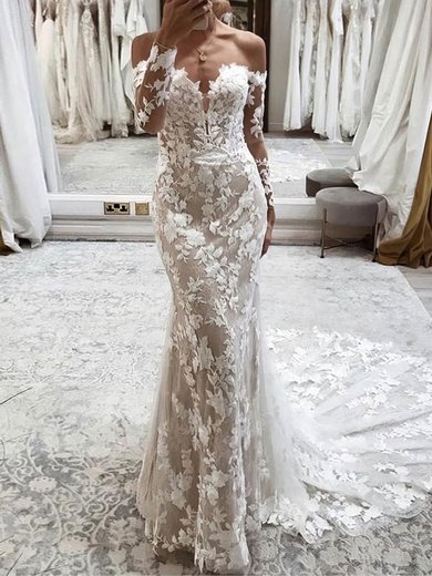 Trumpet/Mermaid Off-the-shoulder Lace Sweep Train Wedding Dresses With Appliques Lace #Milly00024167