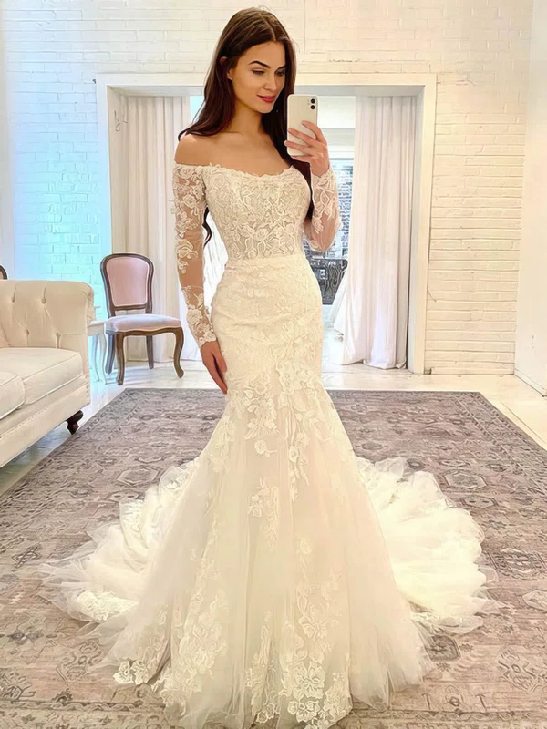 Trumpet/Mermaid Off-the-shoulder Tulle Sweep Train Wedding Dresses With Appliques Lace #Milly00024170