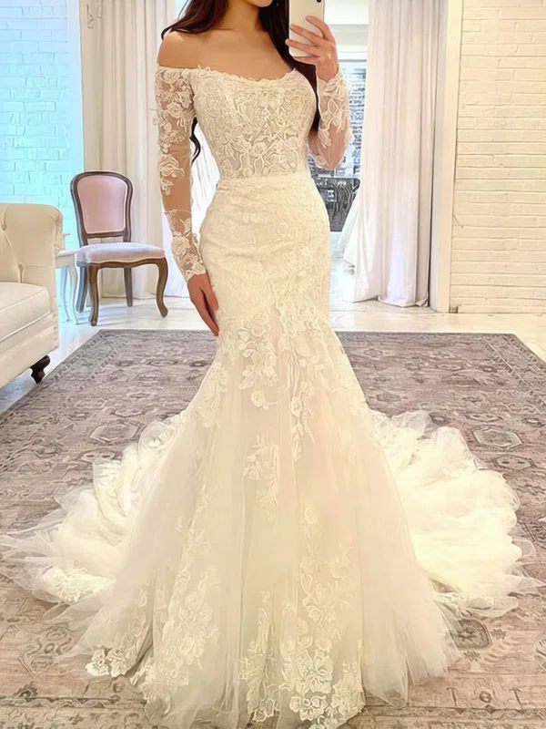 Trumpet/Mermaid Off-the-shoulder Tulle Sweep Train Wedding Dresses With Appliques Lace #Milly00024170