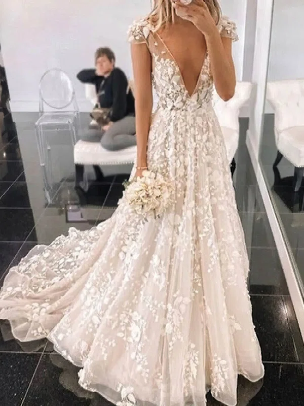 A-line V-neck Lace Sweep Train Appliques Lace Wedding Dresses #Milly00024174