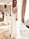 Ball Gown V-neck Tulle Sweep Train Wedding Dresses With Appliques Lace #Milly00024176