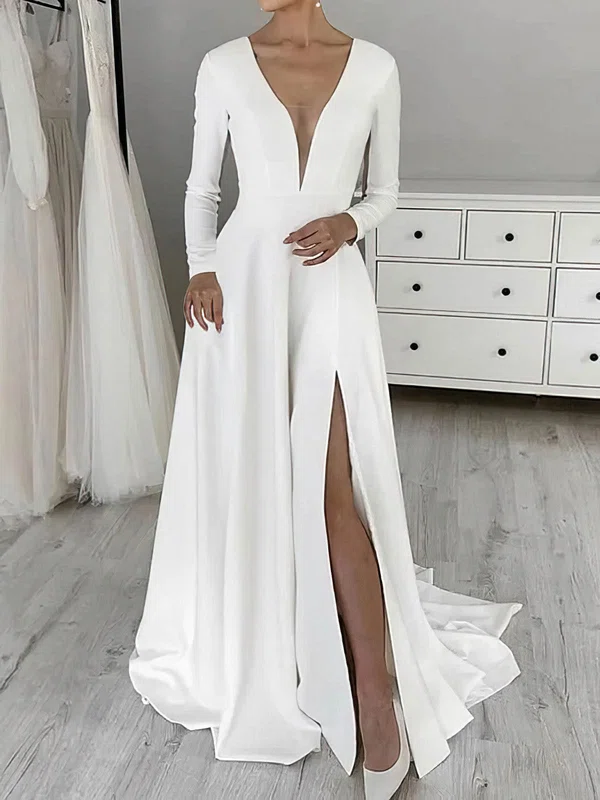 A-line V-neck Stretch Crepe Sweep Train Wedding Dresses With Split Front #Milly00024179