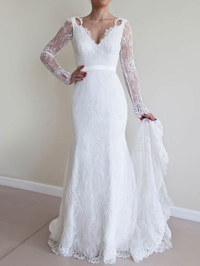 Trumpet/Mermaid V-neck Lace Sweep Train Wedding Dresses #Milly00024180