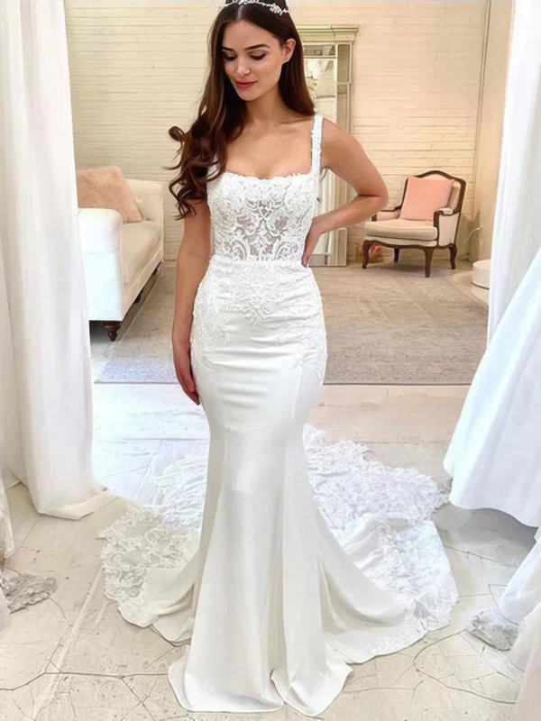 Trumpet/Mermaid Square Neckline Silk-like Satin Sweep Train Wedding Dresses With Appliques Lace #Milly00024182