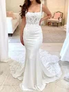 Trumpet/Mermaid Square Neckline Silk-like Satin Sweep Train Wedding Dresses With Appliques Lace #Milly00024182