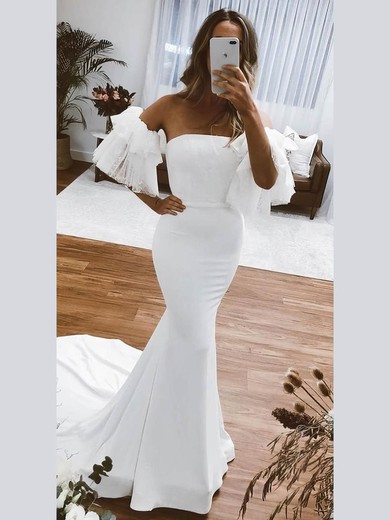 Trumpet/Mermaid Strapless Satin Sweep Train Appliques Lace Wedding Dresses #Milly00024183