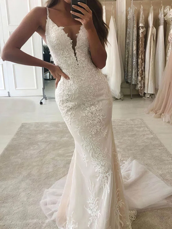 Trumpet/Mermaid V-neck Tulle Detachable Appliques Lace Wedding Dresses #Milly00024187