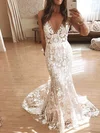 Trumpet/Mermaid V-neck Tulle Sweep Train Wedding Dresses With Appliques Lace #Milly00024188