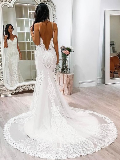 Trumpet/Mermaid V-neck Tulle Sweep Train Appliques Lace Wedding Dresses #Milly00024189