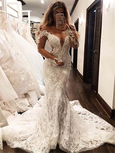 Trumpet/Mermaid Scoop Neck Tulle Sweep Train Appliques Lace Wedding Dresses #Milly00024190
