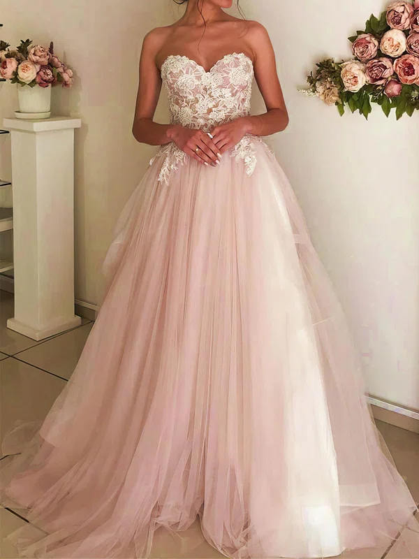 Ball Gown Sweetheart Tulle Sweep Train Wedding Dresses With Appliques Lace #Milly00024193