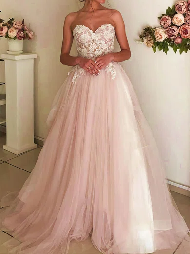 Ball Gown/Princess Sweetheart Tulle Sweep Train Wedding Dresses With Appliques Lace #Milly00024193