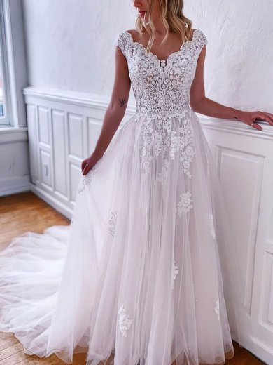 A-line V-neck Tulle Sweep Train Beading Wedding Dresses #Milly00024195