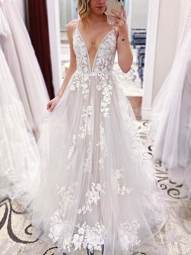 A-line V-neck Tulle Sweep Train Appliques Lace Wedding Dresses #Milly00024196