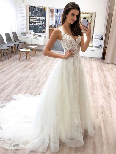A-line V-neck Tulle Sweep Train Appliques Lace Wedding Dresses #Milly00024197