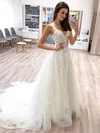 Ball Gown V-neck Tulle Sweep Train Wedding Dresses With Appliques Lace #Milly00024197
