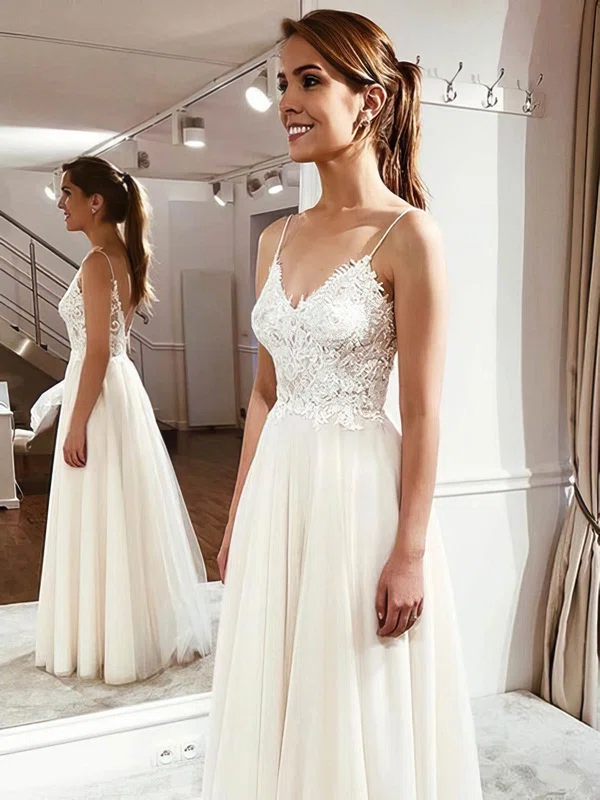 Ball Gown V-neck Tulle Floor-length Wedding Dresses With Appliques Lace #Milly00024198