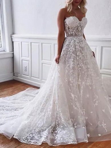 A-line Strapless Tulle Court Train Appliques Lace Wedding Dresses #Milly00024201