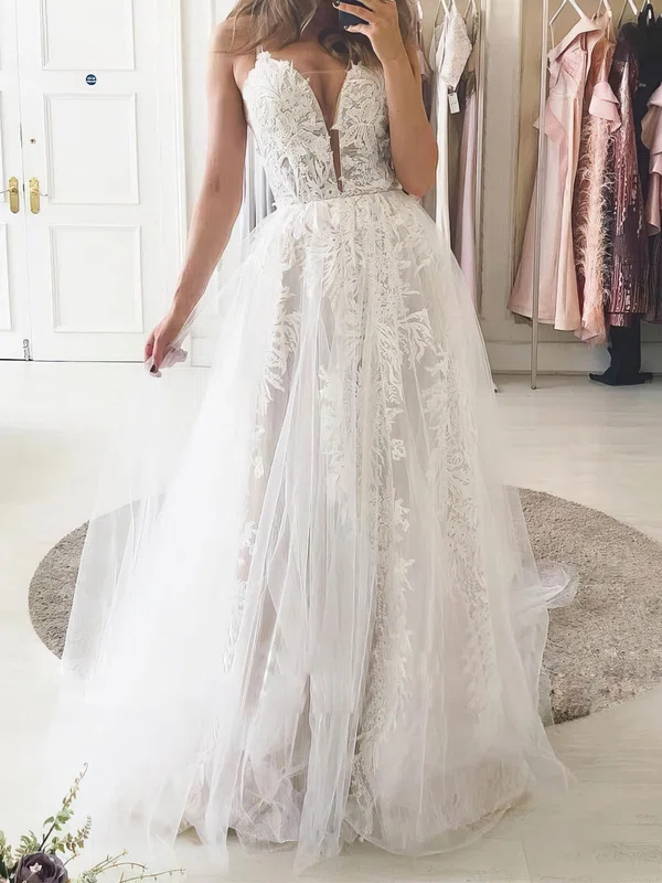 A-line V-neck Tulle Sweep Train Appliques Lace Wedding Dresses #Milly00024206