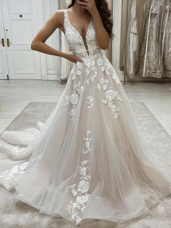 A-line V-neck Tulle Sweep Train Appliques Lace Wedding Dresses #Milly00024207