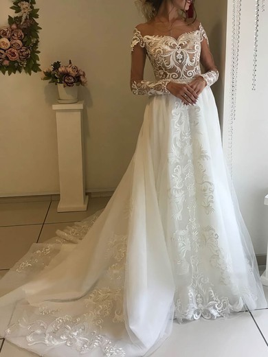 A-line Scoop Neck Tulle Sweep Train Beading Wedding Dresses #Milly00024208