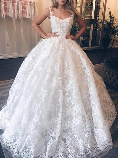 Ball Gown Square Neckline Tulle Sweep Train Wedding Dresses With Appliques Lace #Milly00024209