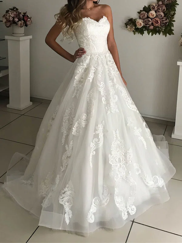 Ball Gown Sweetheart Tulle Sweep Train Wedding Dresses With Appliques Lace #Milly00024210