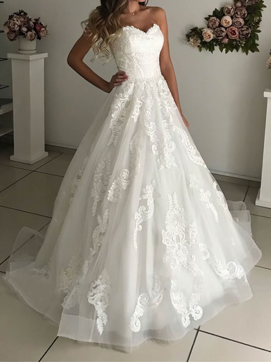 A-line Sweetheart Tulle Sweep Train Appliques Lace Wedding Dresses #Milly00024210