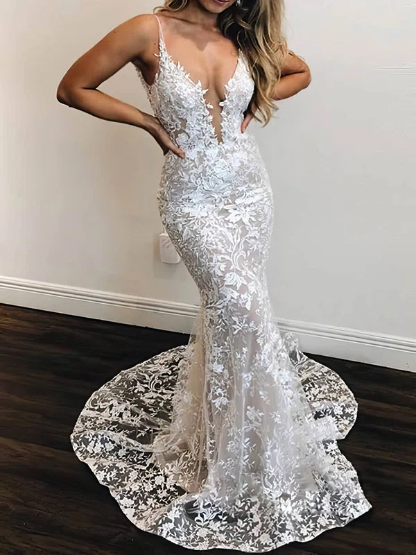 Trumpet/Mermaid V-neck Tulle Sweep Train Wedding Dresses With Appliques Lace #Milly00024211
