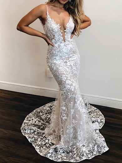 Trumpet/Mermaid V-neck Tulle Sweep Train Appliques Lace Wedding Dresses #Milly00024211