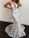 Trumpet/Mermaid V-neck Tulle Sweep Train Wedding Dresses With Appliques Lace #Milly00024211