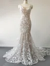 Trumpet/Mermaid V-neck Tulle Sweep Train Wedding Dresses With Appliques Lace #Milly00024211